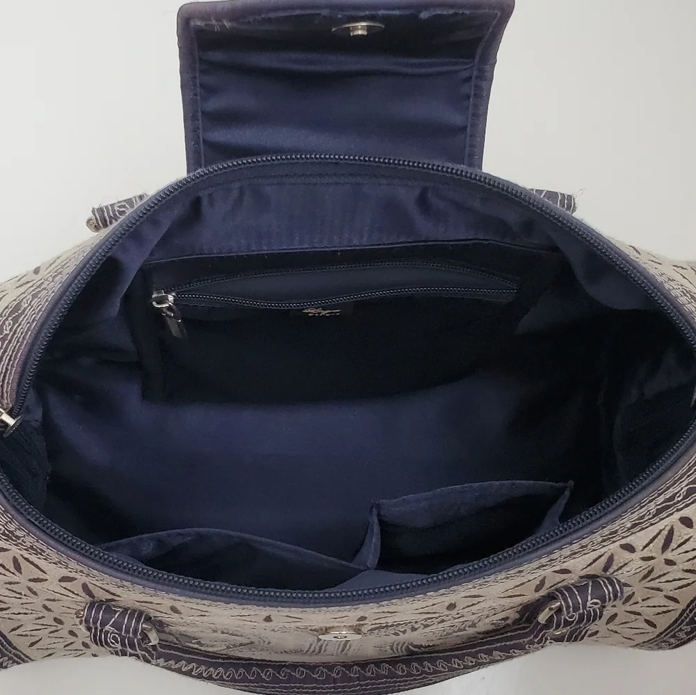 Embroidered Canvas Tote Bag in Black and Cream